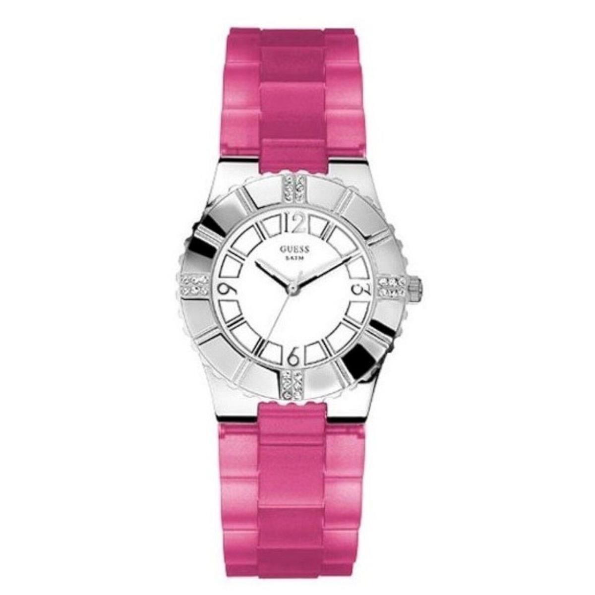 Guess W95087L1 Women`s Analog Watch White/silver Dial Pink Silicone Band WR - Dial: White, Band: Pink, Bezel: Silver