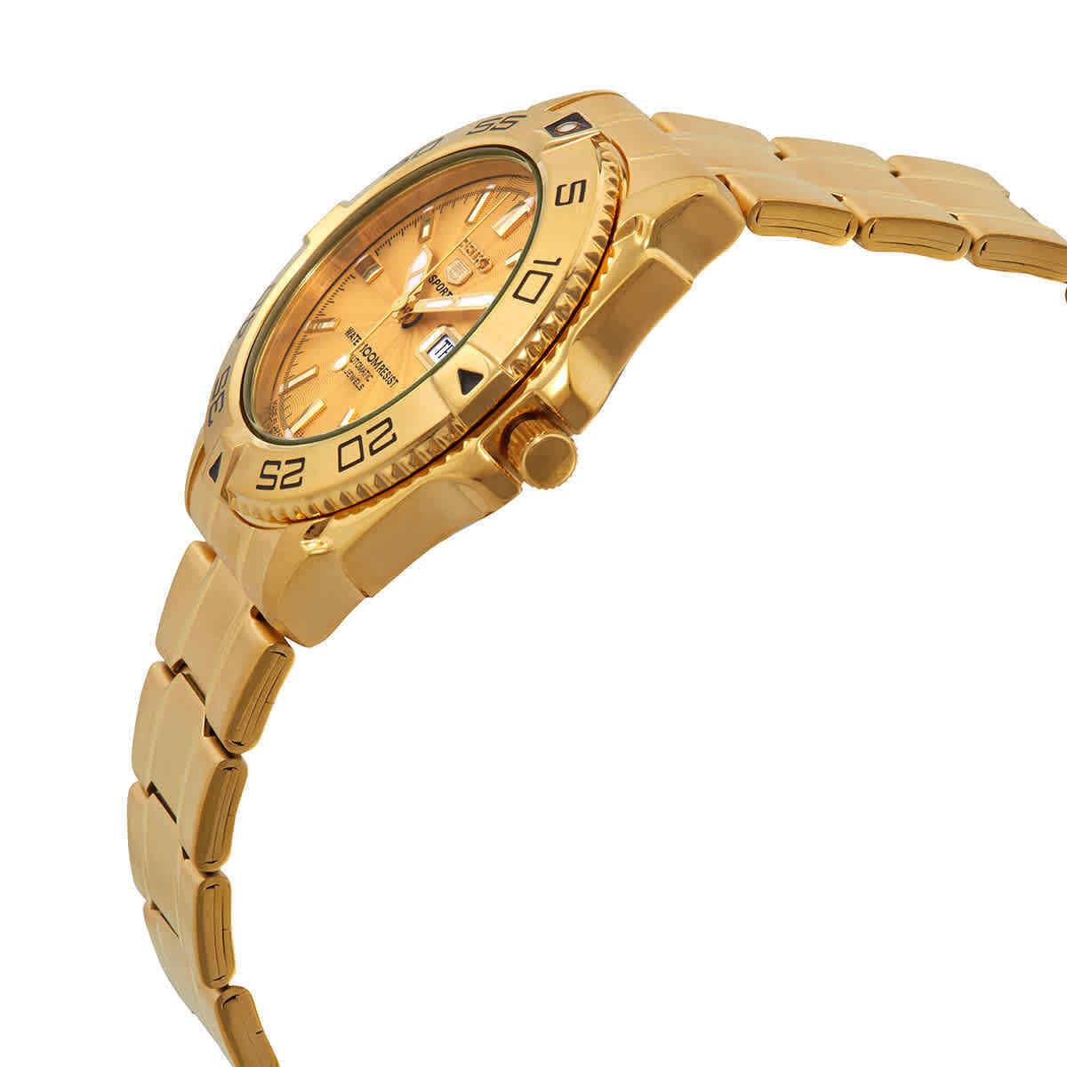 Seiko 5 Sports Automatic Gold Dial Men`s Watch SNZB26J1 - Dial: Gold, Band: Gold, Bezel: Gold