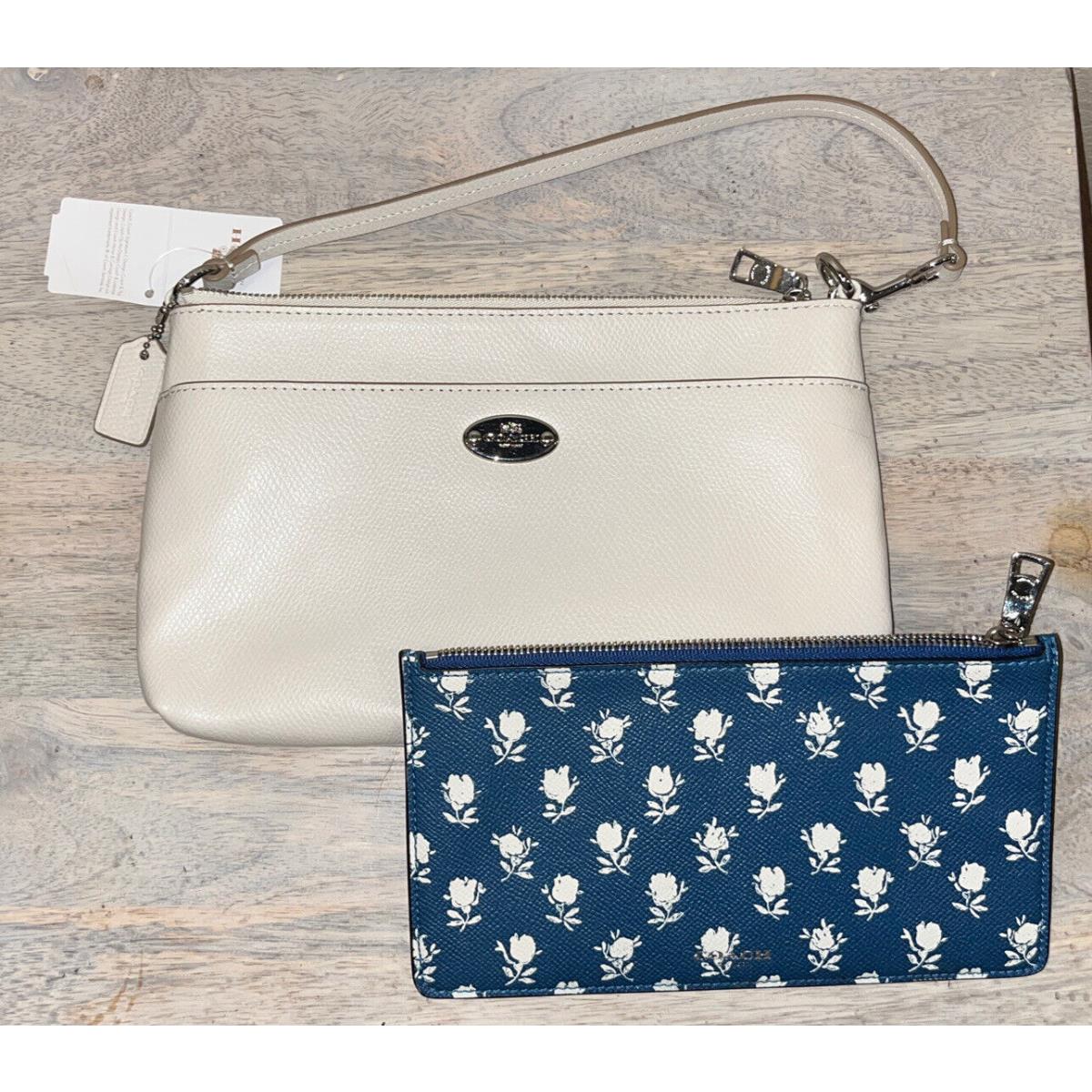 Coach 2 in 1 Leather Ivory Blue Floral Pop Pouch Wristlet Purse Set