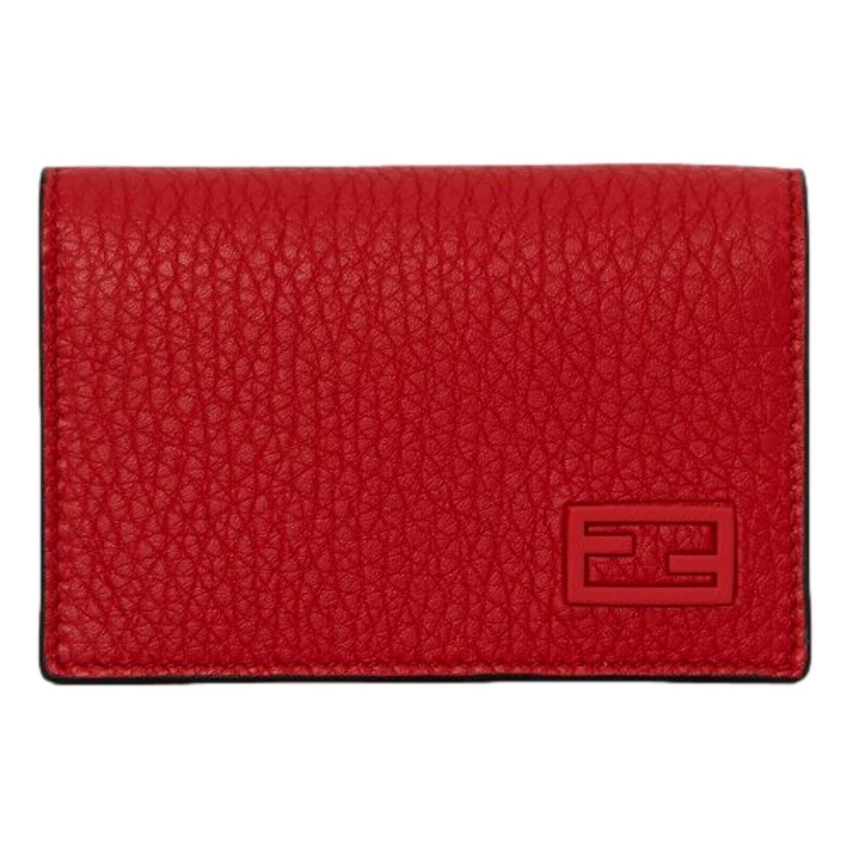 Fendi Red Grained Leather Baguette Logo Card Case Wallet 7M0222