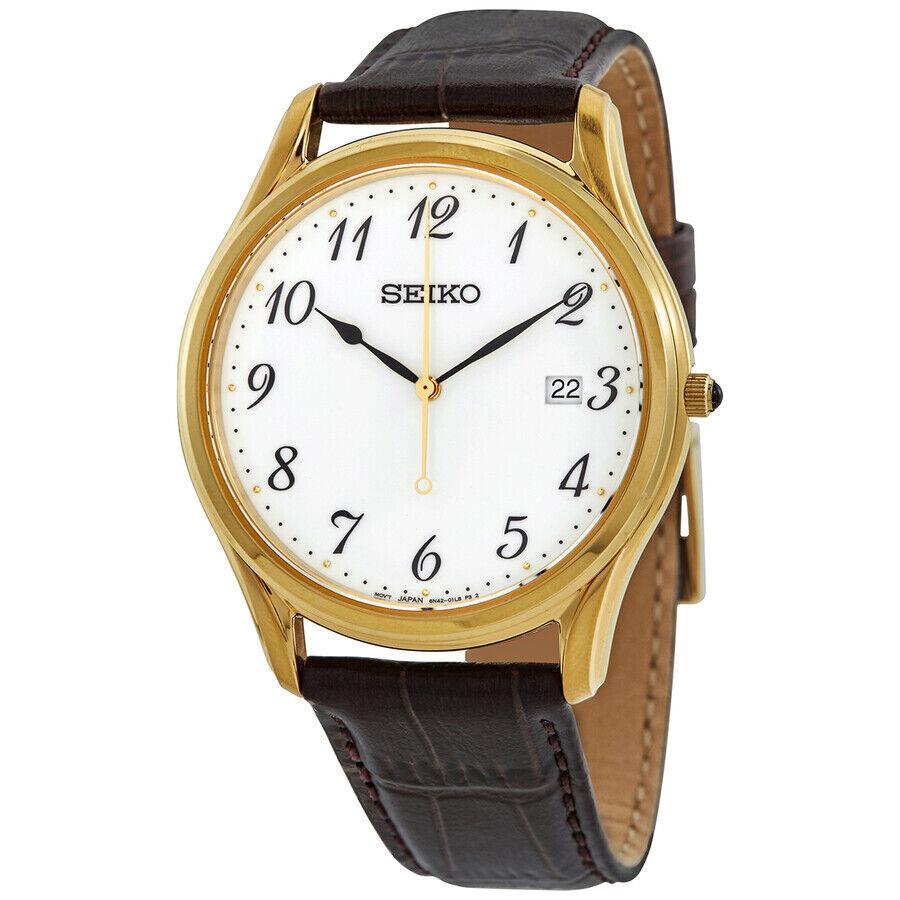 Seiko Men`s Watch Neo Classic Quartz White Dial Brown Leather Steel Case SUR306