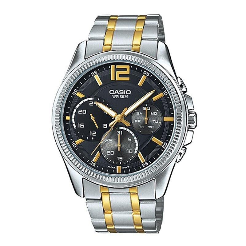 Casio Men`s Black Dial Stainless Steel Band MTP-E305SG-1AVDF Analog Watch - Dial: Black, Band: Gold, Silver