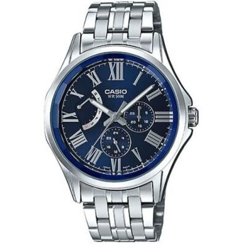 Casio Men`s Blue Dial Stainless Steel Band Enticer MTP-E311DY-2AV Analog Watch - Dial: Blue, Band: Gold