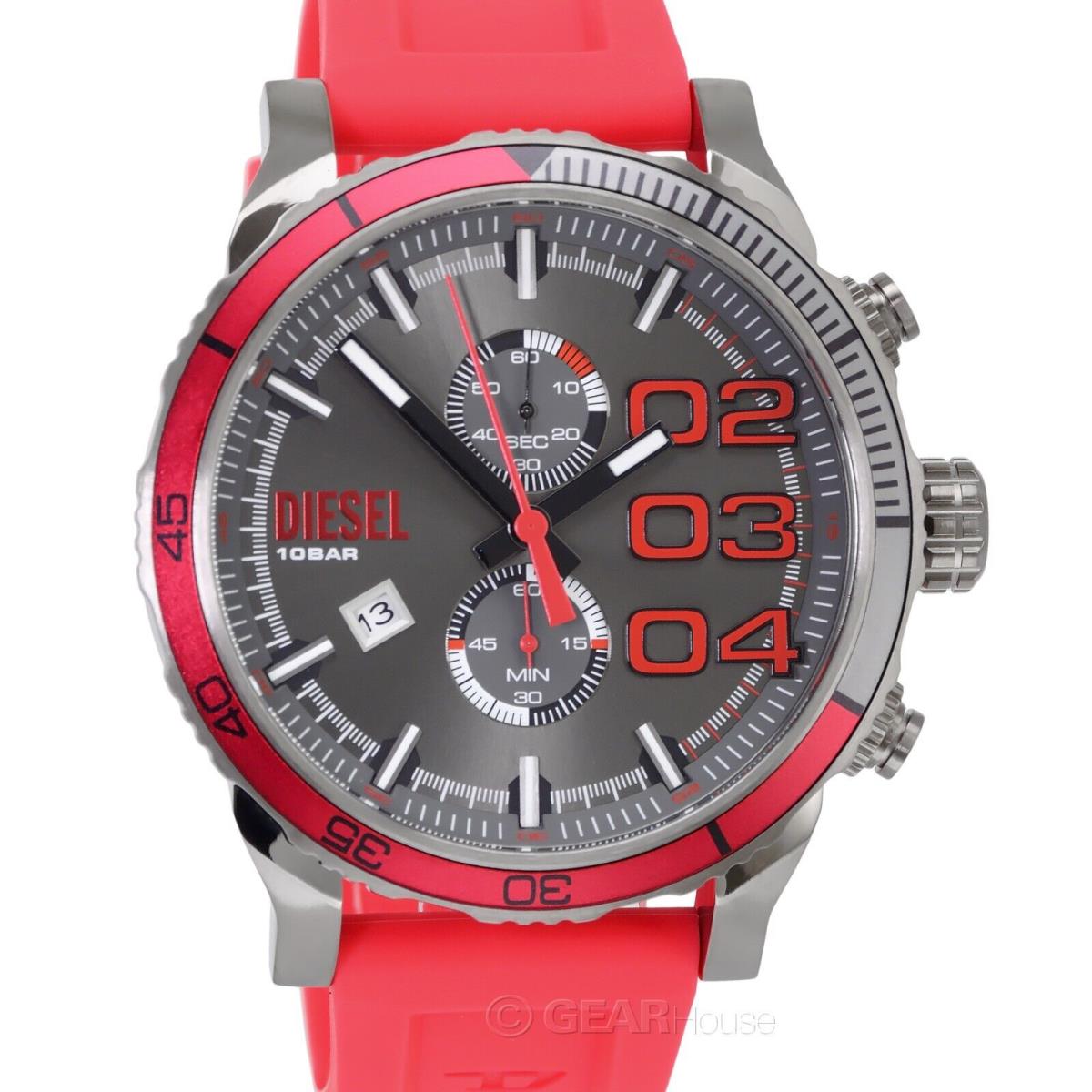 Diesel Mens Double Down 2.0 Chronograph Watch Red Silicone Band Gray Dial