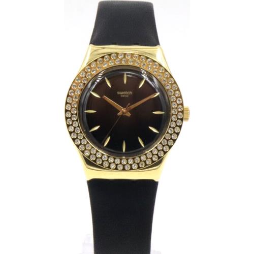 Swiss Swatch Goldy Show Black Leather Women Watch 34mm YLG141