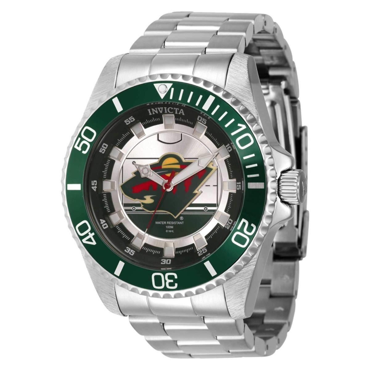 Invicta Men`s Watch Nhl Minnesota Wild Silver and Green Rotating Bezel 42250 - Dial: Silver, Green, Yellow, Red, Ivory, Band: Silver