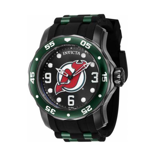 Invicta Men`s Watch Nhl Jersey Devils Quartz Black and Green Strap 42653 - Dial: Black, White, Red, Band: Green, Black