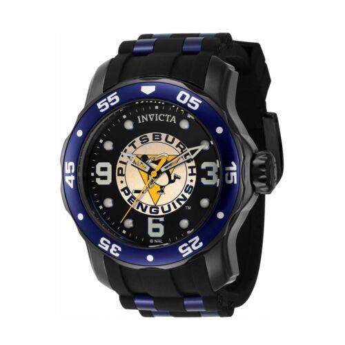Invicta Men`s Watch Nhl Pittsburgh Penguins Quartz Black and White Dial 42646 - Black, White Dial, Blue, Black Band