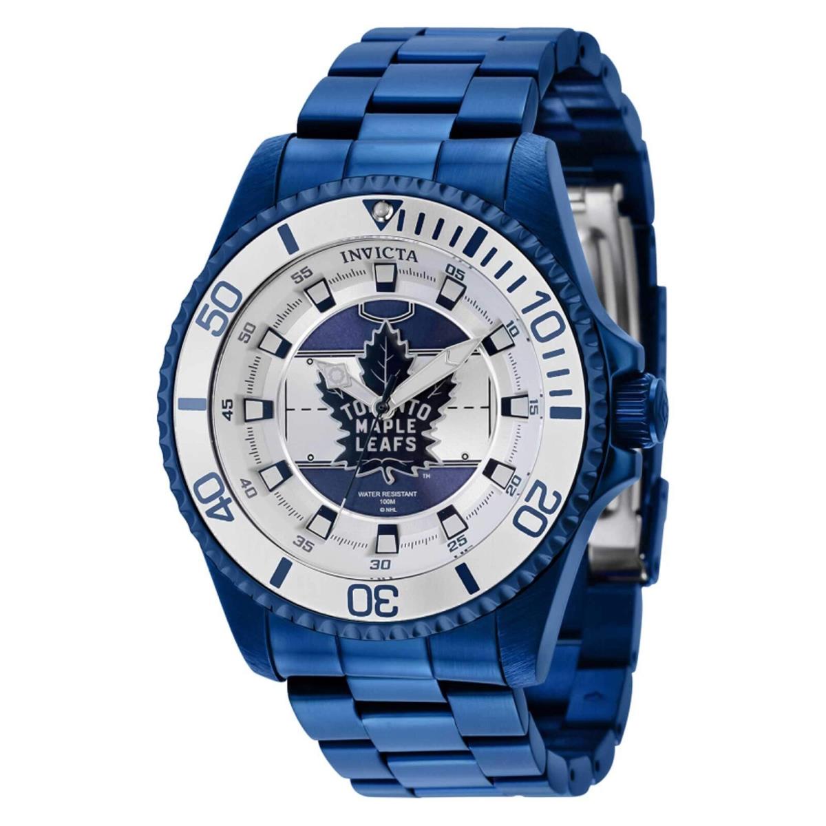 Invicta Men`s Watch Nhl Toronto Maple Leafs Silver White Blue Dial 42246 - Dial: Silver, White, Blue, Band: Blue