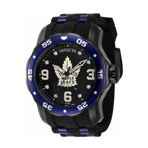 Invicta Men`s Watch Nhl Toronto Maple Leafs Quartz Black and White Dial 42648 - Black, White Dial, Blue, Black Band