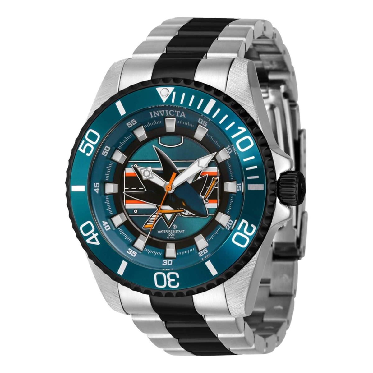 Invicta Nhl San Jose Sharks Men`s Green Dial Black Steel Watch w/ Nhl Box - Dial: Black, Orange, White, Dark Green, Band: Black, Silver, Bezel: Black, White, Dark Green