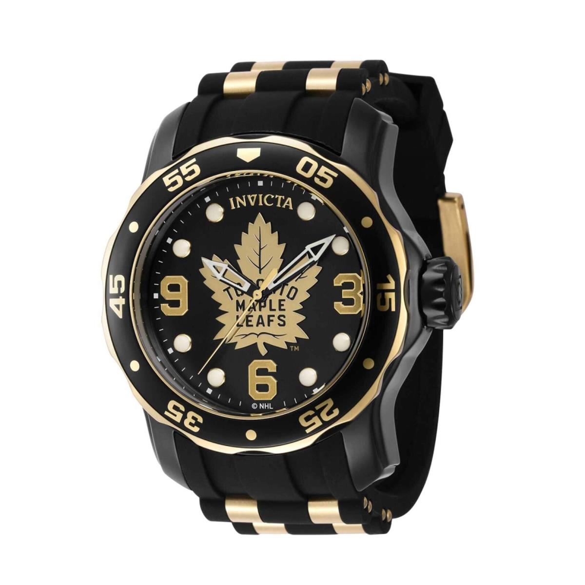 Invicta Men`s Watch Nhl Toronto Maple Leafs Quartz Gold and Black Strap 42326 - Dial: Black, Gold, Band: Yellow, Black