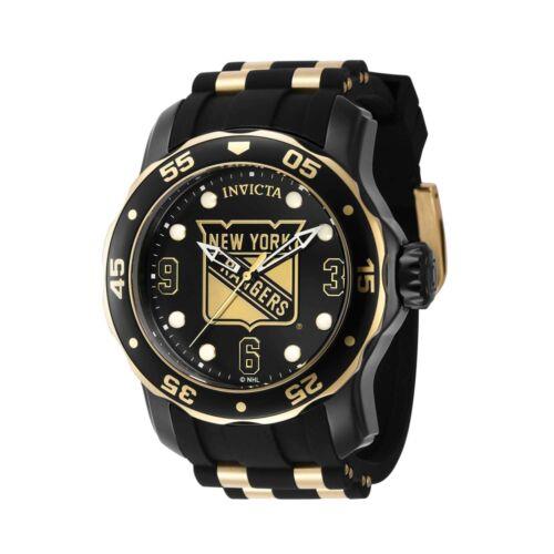 Invicta Men`s Watch Nhl York Rangers Quartz Gold and Black Dial Strap 42324 - Black, Gold Dial, Yellow, Black Band