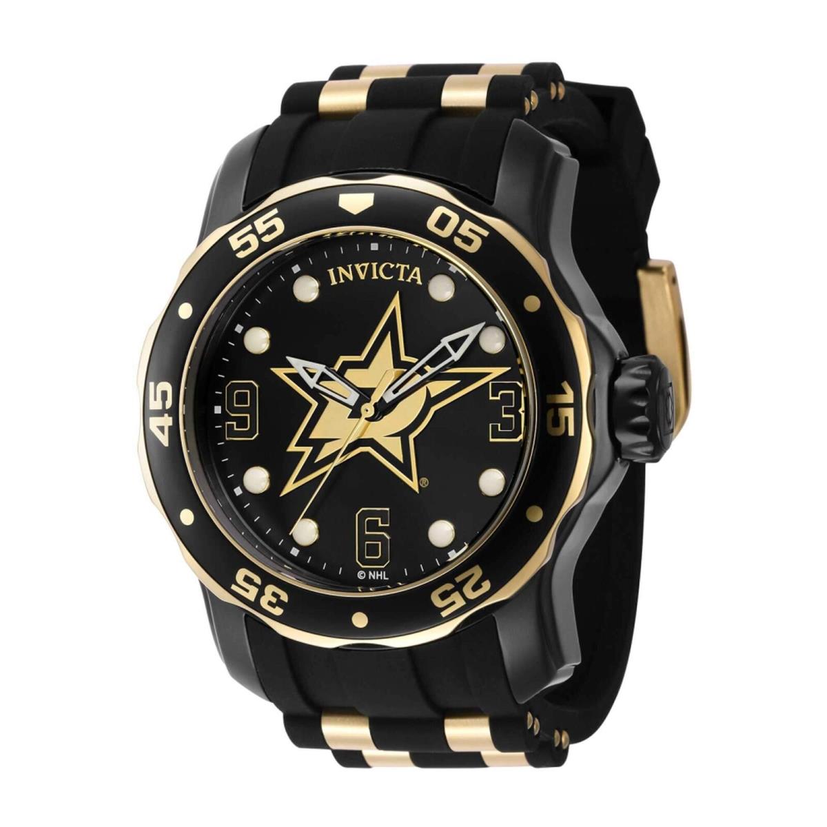 Invicta Men`s Watch Nhl Dallas Stars Rotating Bezel Black Silicone Strap 42325 - Dial: Gold, Black, Band: Yellow, Black