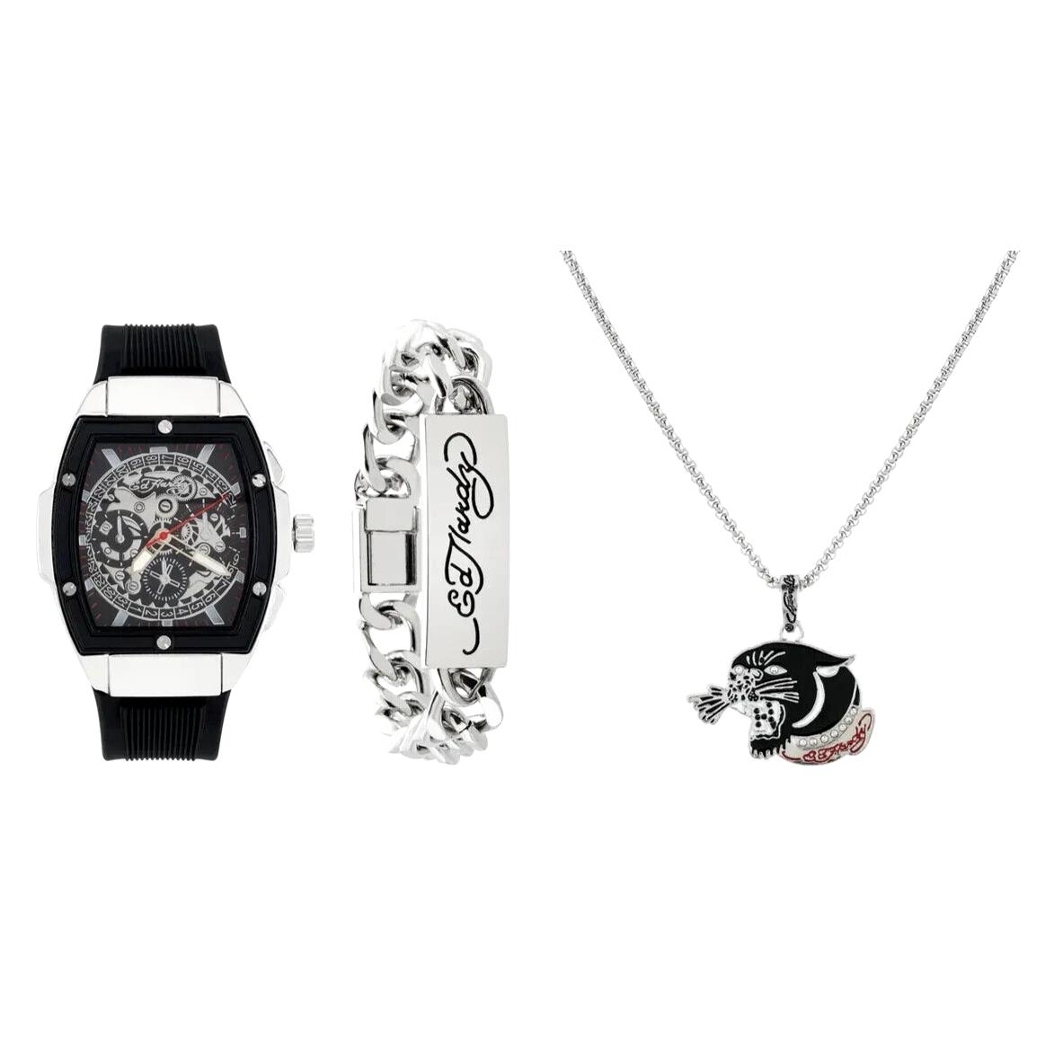 ED Hardy 48mm Quartz Watch Silicone Strap ID Bracelet Necklace Gift Set
