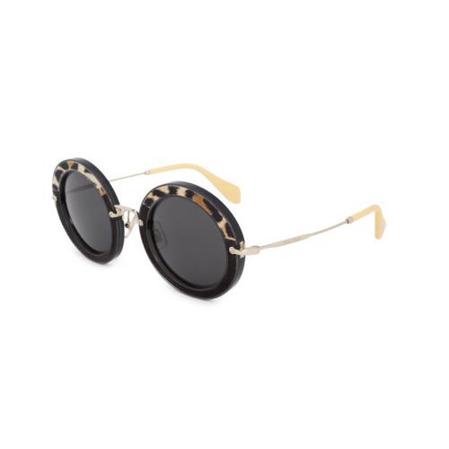 Miu Miu Noir Black MU08RS USC1A1 49 Leather Gold Leopard Round Retro Sunglasses