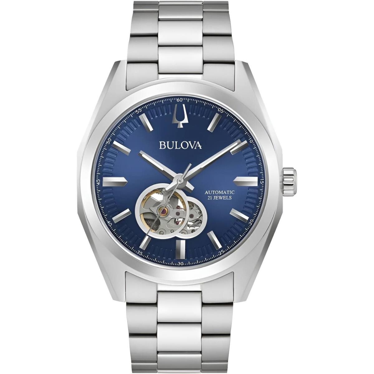 Bulova Men`s Watch Surveyor Automatic Open Heart Blue Dial Silver Steel 96A275