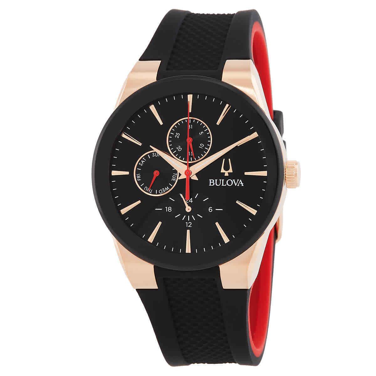 Bulova Millenia Quartz Black Dial Men`s Watch 97C112 - Dial: Black, Band: Black, Bezel: Rose Gold-tone