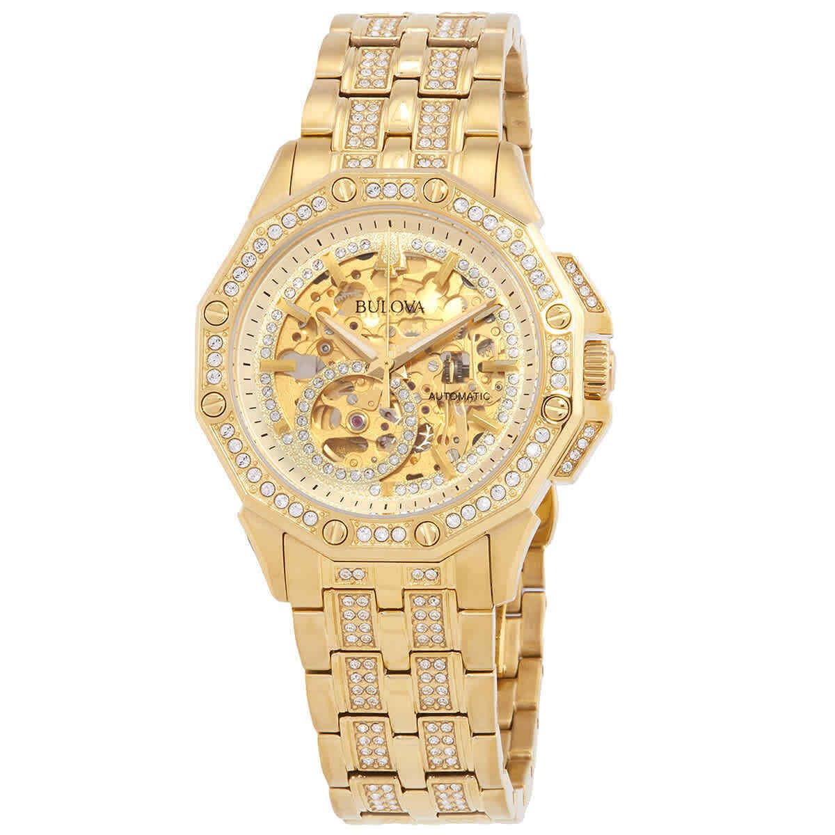 Bulova Octava Automatic Crystal Gold Skeleton Dial Men`s Watch 98A292 - Dial: Gold, Band: Gold, Bezel: Gold