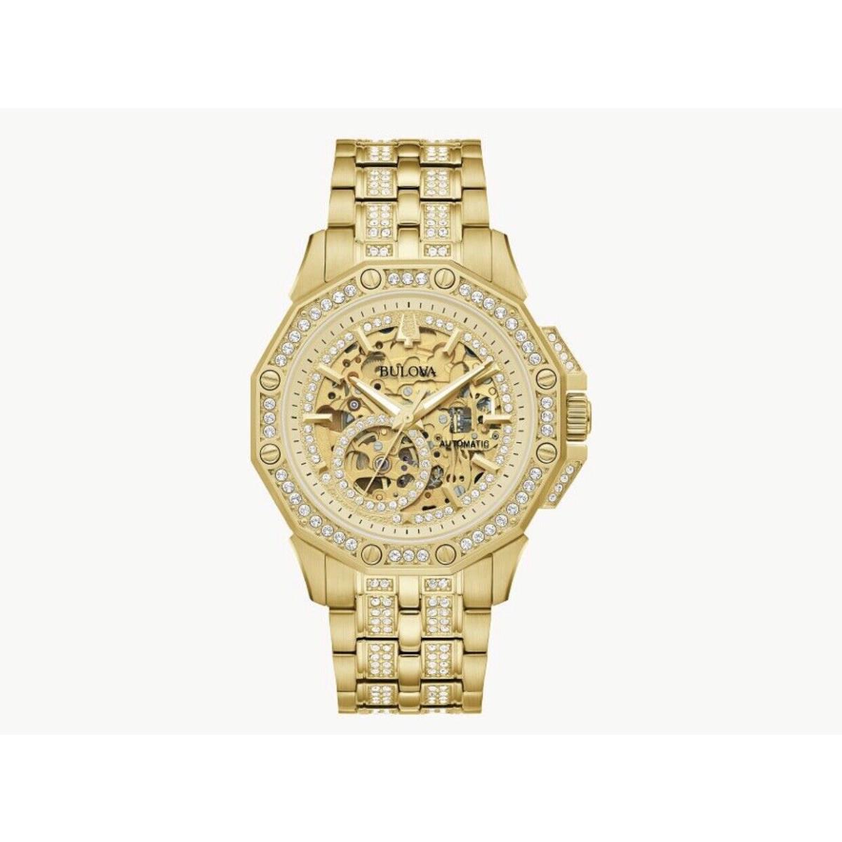 Bulova Octava Automatic Crystal Gold Skeleton Dial Men`s Watch 98A292 - Dial: Gold, Band: Gold, Bezel: Gold