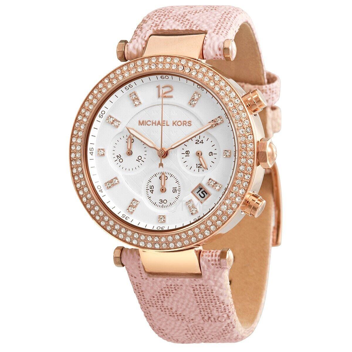 Michael Kors Parker Women`s Pink Pvc Leather Rose Gold Chronograph Watch MK6935