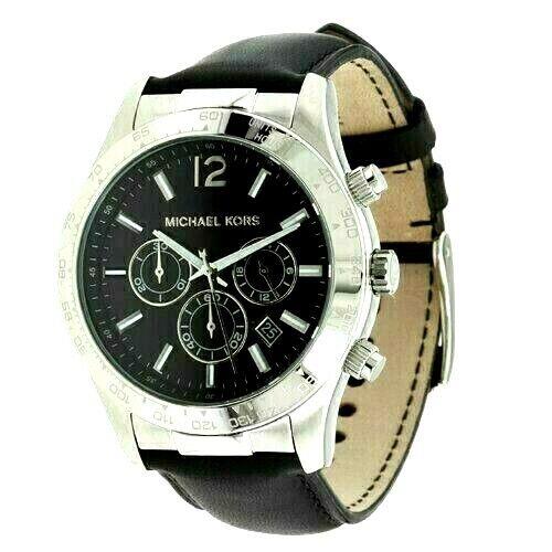 New-michael Kors Layton Silver Tone Black Leather Band Chrono Watch MK8215