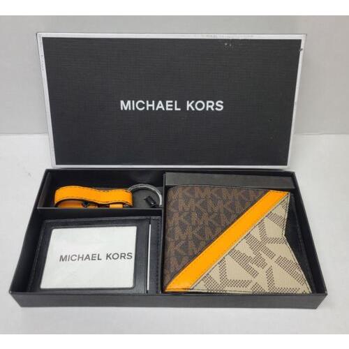 Michael Kors Colorblock Logo Brown/mango Billfold Card Case Key Fob Box Gift Set