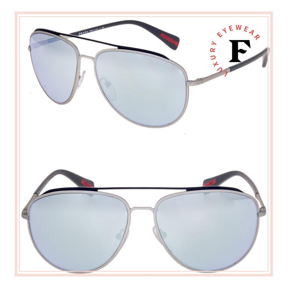 Prada Linea Rossa Brushed Silver Blue 55R Mirrored Aviator Sunglasses PS55RS