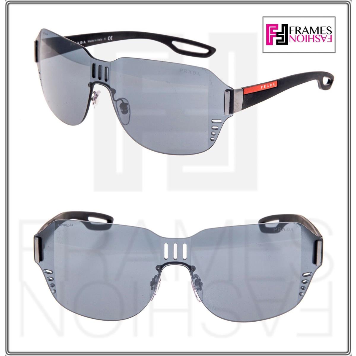 Prada Linea Rossa LJ Silver 05S Rubber Black Shield Mirror Sunglasses PS05SS - 5AV-5L0, Frame: Matte BLACK, Lens: Grey Silver