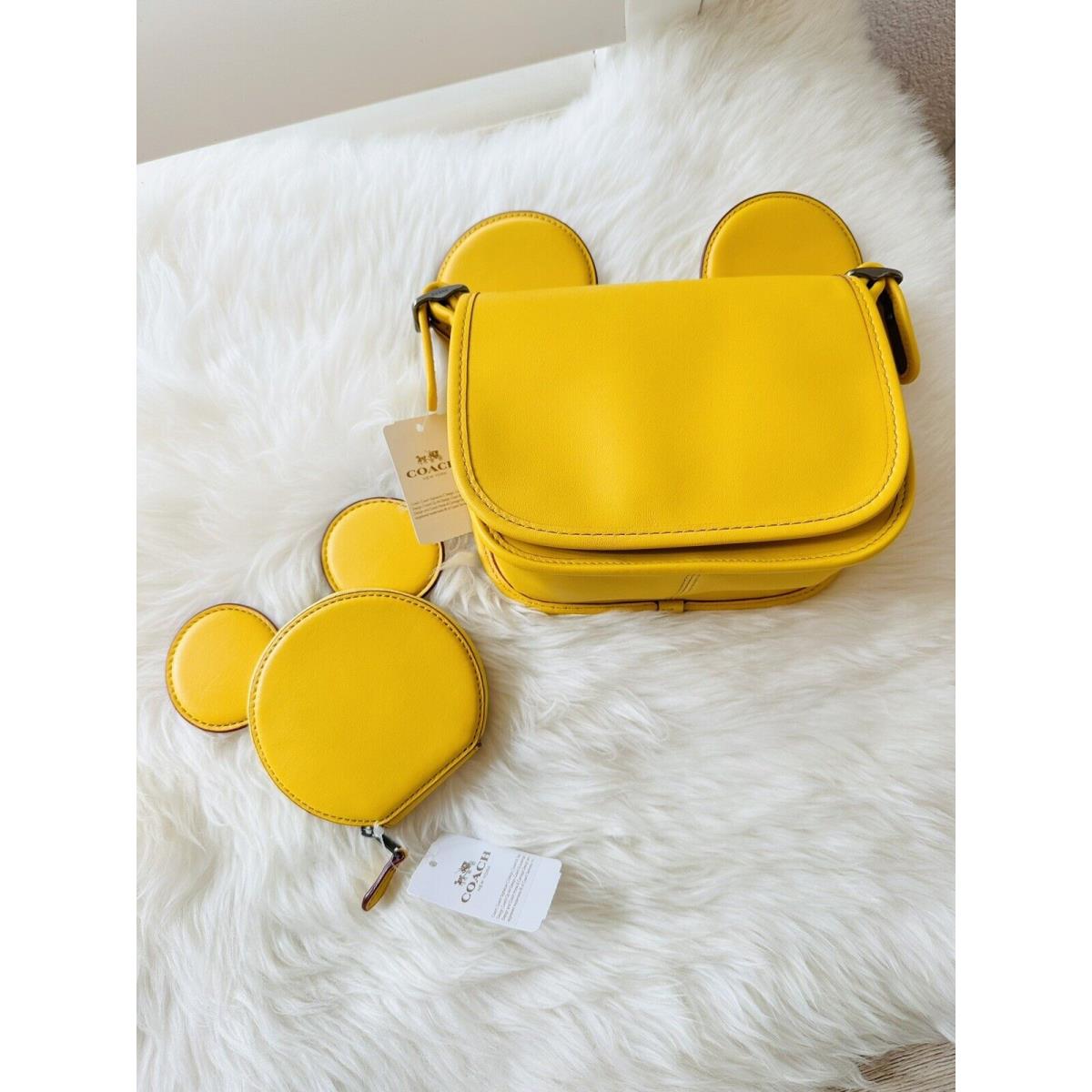 Coach Disney Mickey Mouse Patricia Leather Handbag Coin Case Bundle Yellow