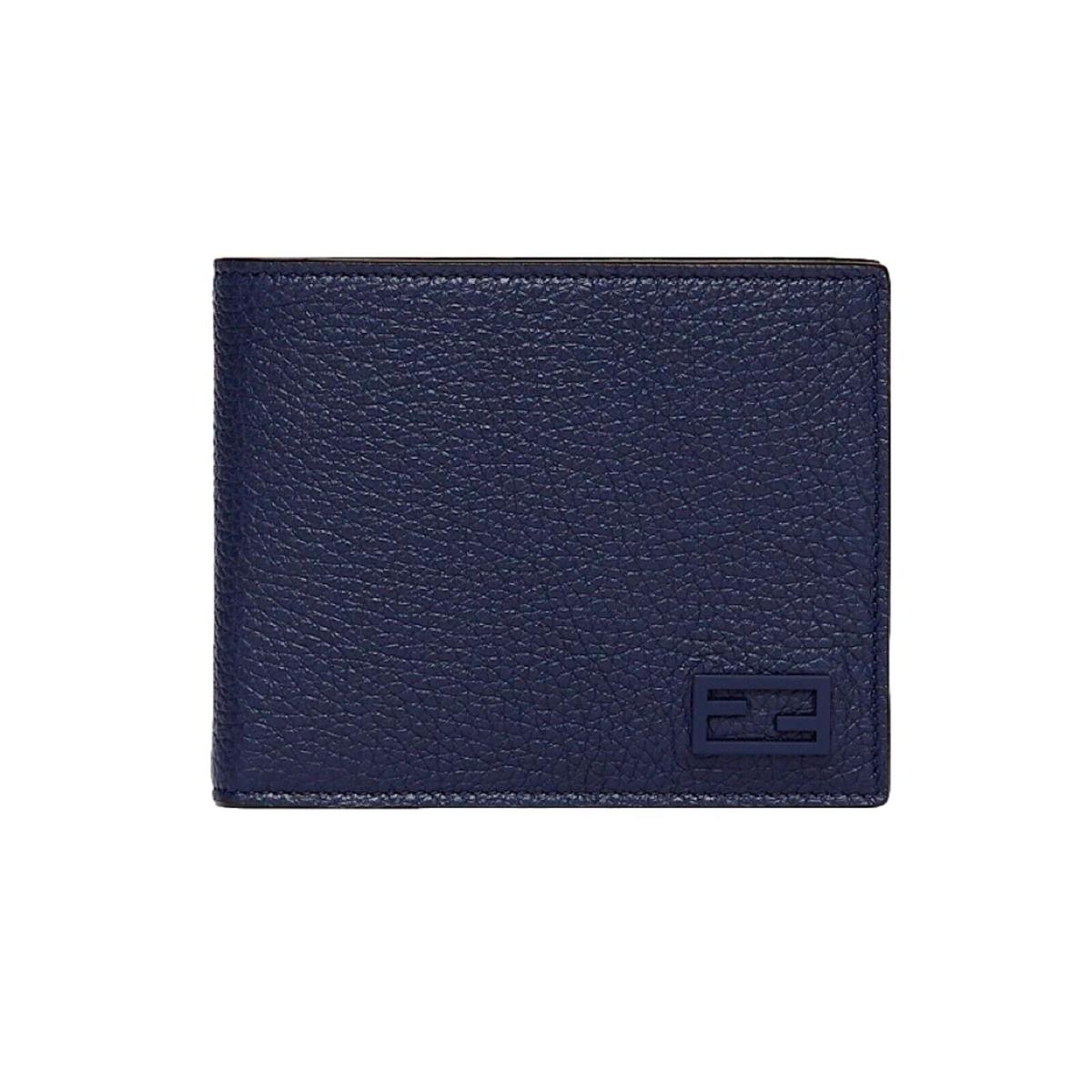 Fendi Baguette Blue Grey Pebbled Leather Billfold Wallet 7M0001