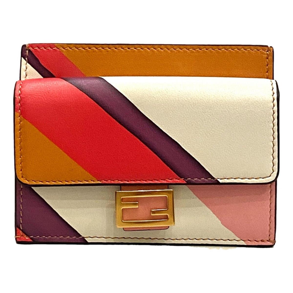 Fendi Baguette Hot Pink Stripe Leather Card Holder Wallet 8M0423
