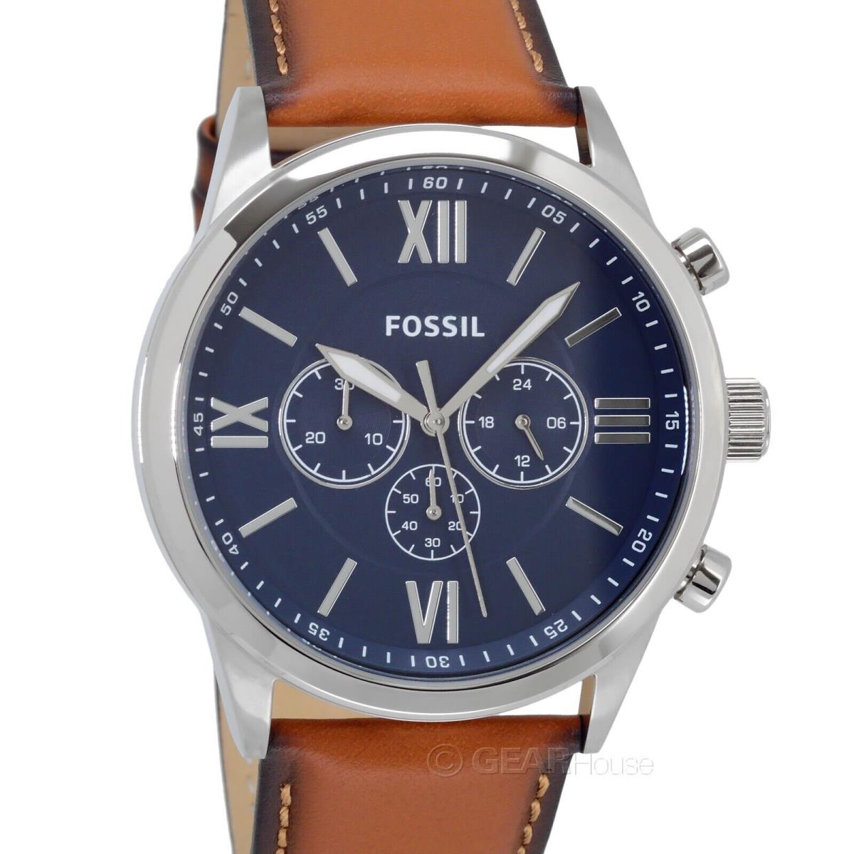 Fossil Flynn Mens Silver Watch Blue Chronograph Dial Brown Leather Band BQ2125