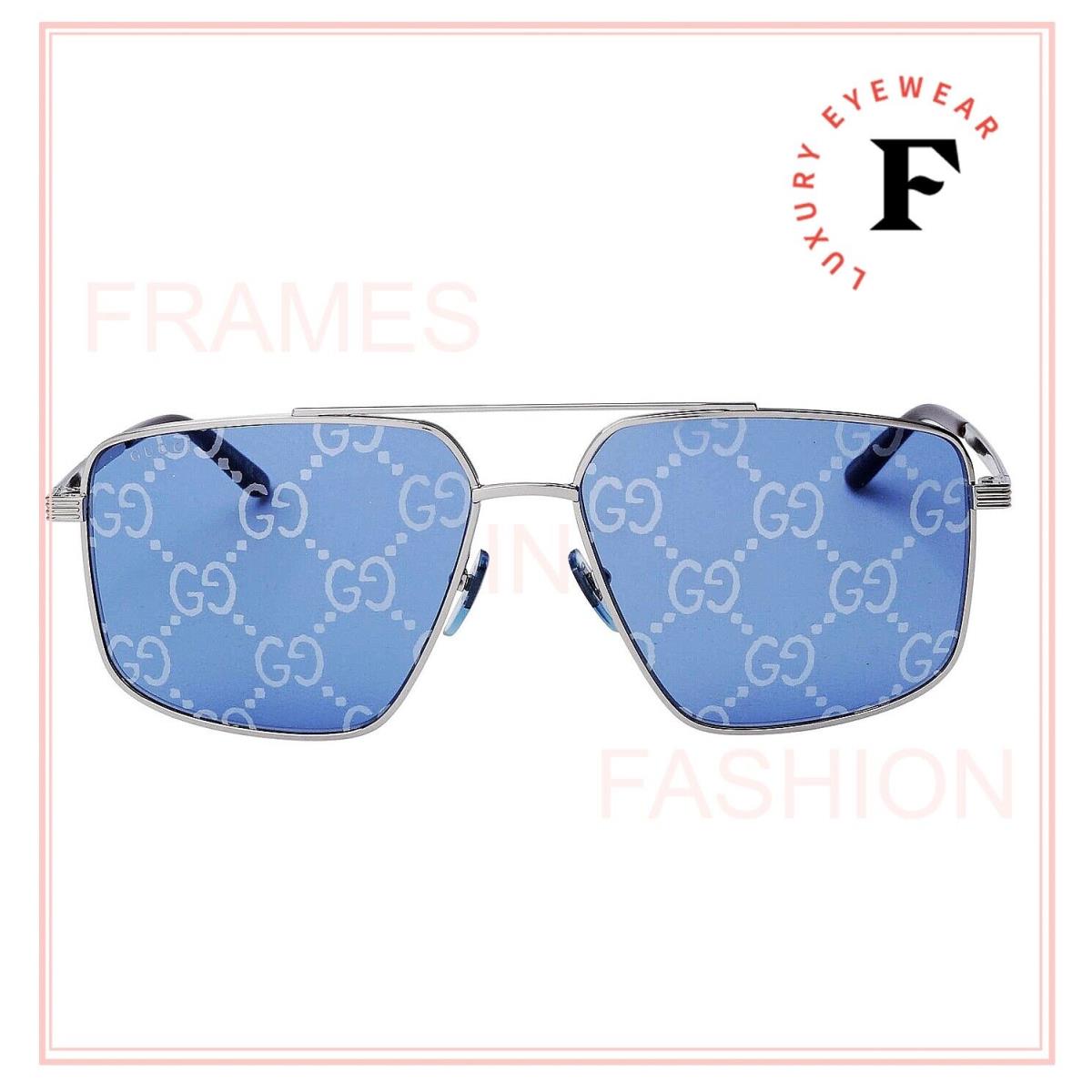 Gucci 0941 Silver Blue GG Logo Print Rectangular 004 Sunglasses GG0941S Unisex - 004, Frame: Silver, Lens: Blue