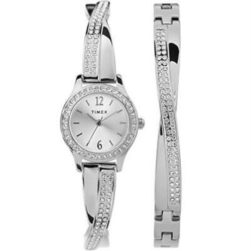 Timex Women`s Dress Crystal 23mm Watch Bracelet Gift Set Silver-tone