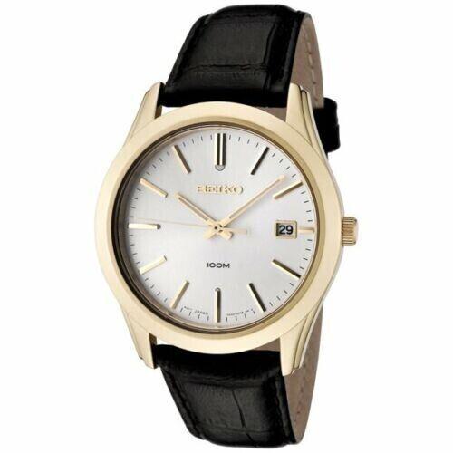 Seiko SGEE48P1 Men`s Cream Dial Gold Plated Steel Black Leather Strap Watch