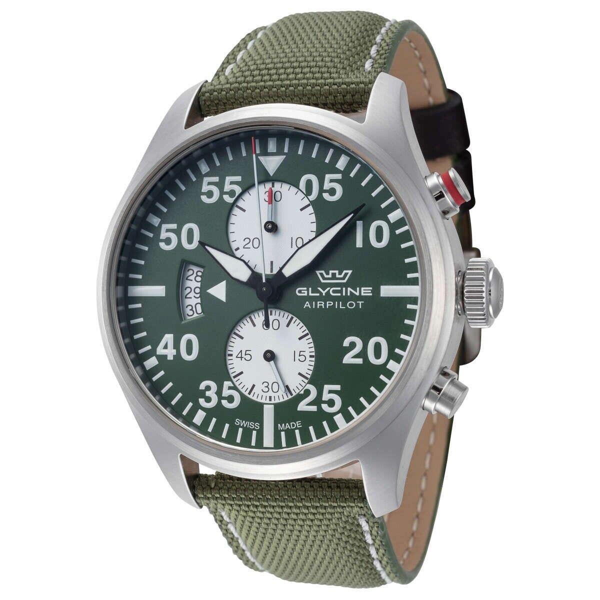 Glycine Men`s 44mm Airpilot Green Dial Chronograph Fabric Strap Watch GL-0445