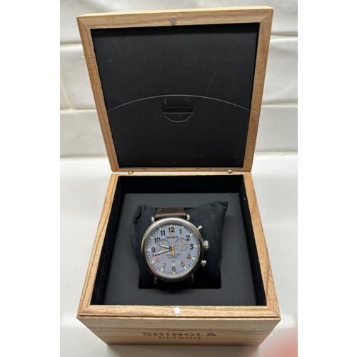 Shinola Runwell Men`s 47mm Chronograph Watch Brown Leather Strap Blue Dial