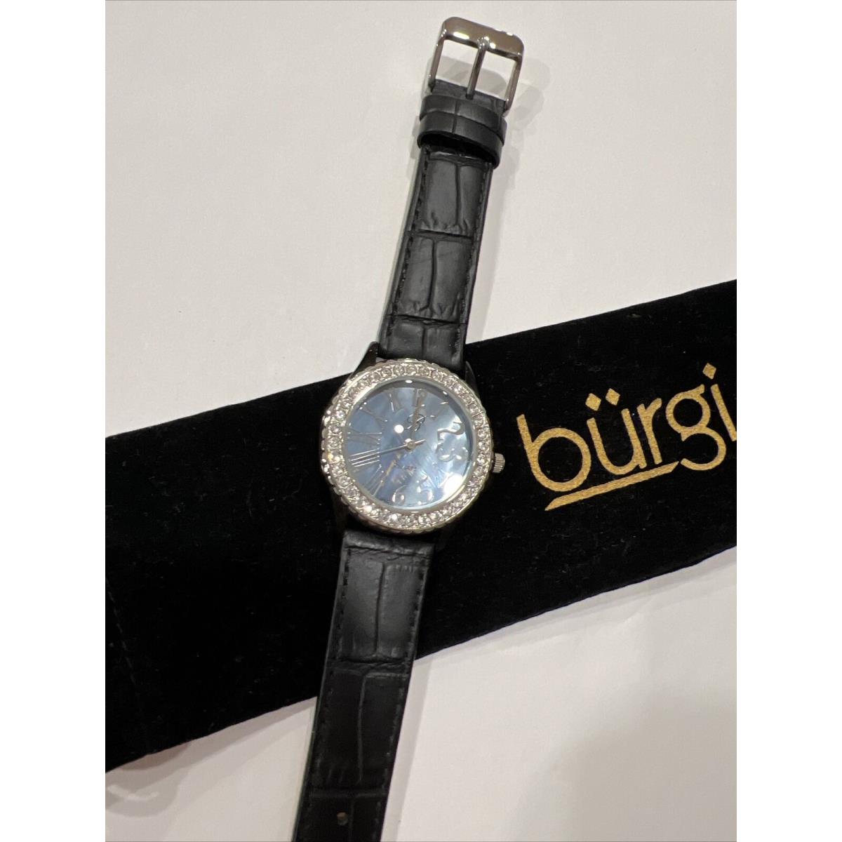 Burgi Swarovski Crystal Black Watch Mother Of Pearl Leather Band Quartz 9