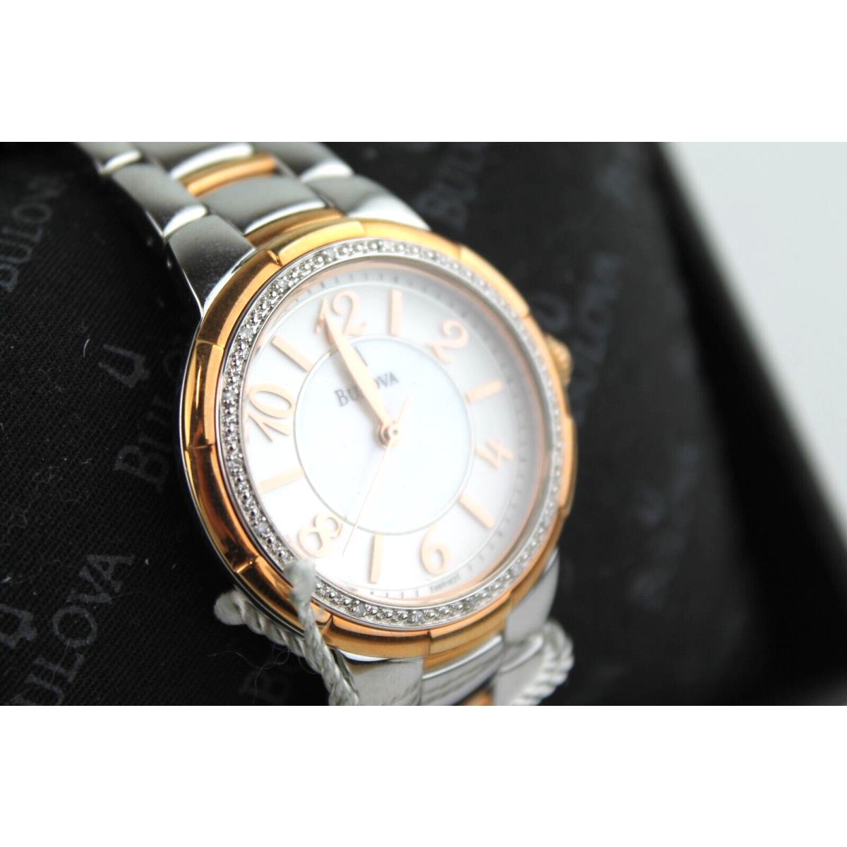 Bulova Two-tone Diamond Bezel Pearl Dial Women`s Watch 98R162 Read