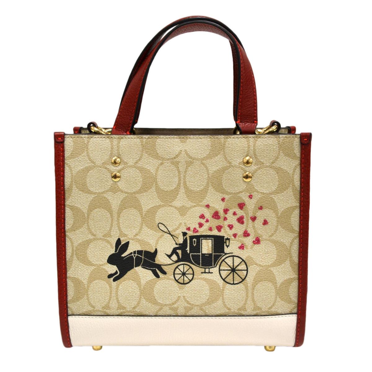 Coach Women`s Purse Lunar Year Dempsey Tote 22 Signature Canvas Handbag - Red Handle/Strap, Gold Hardware, Beige Exterior