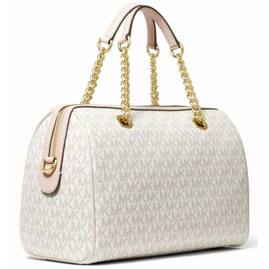 Michael Kors Blaire Vanilla Pink Logo Gold Chain Med Duffle Satchel Bag