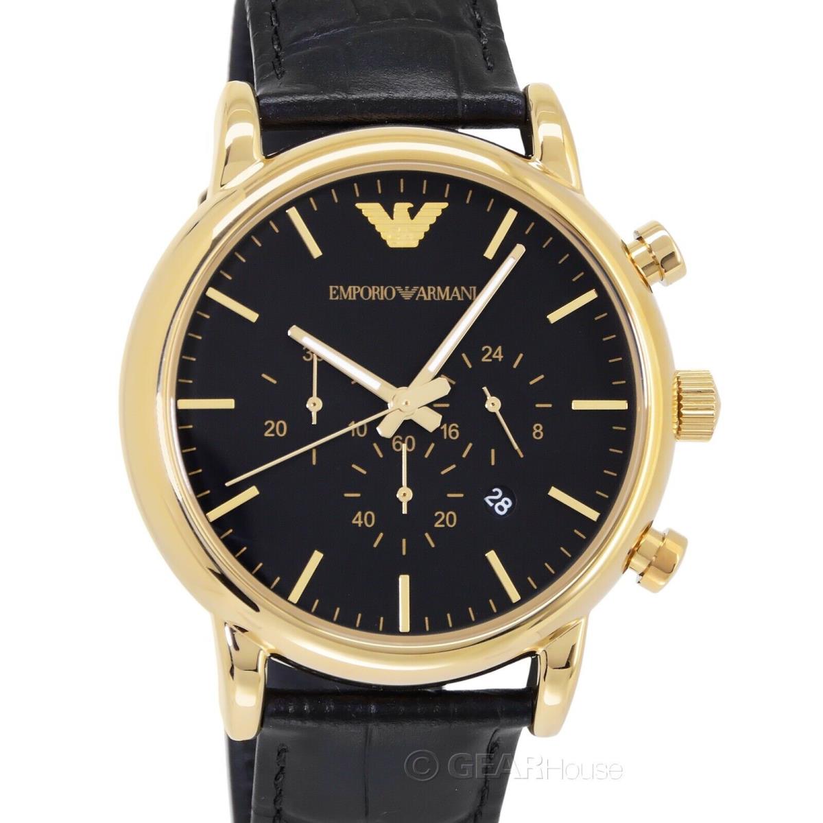 Emporio Armani Mens Gold Chronograph Watch Black Dial Croco Leather Strap
