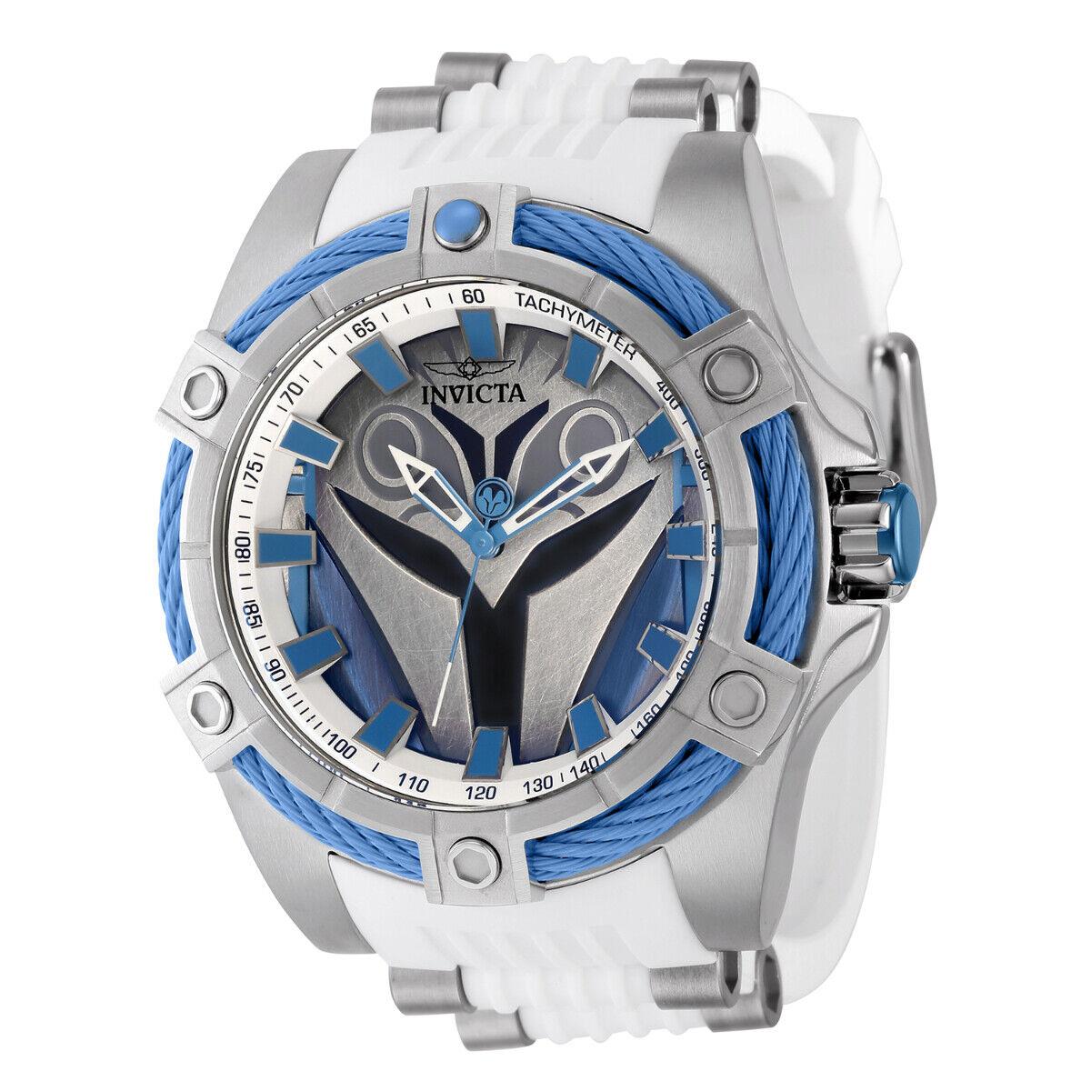 Invicta Star Wars Bo Katan Mens 52mm Limited Edition White Quartz Watch 41318 - Dial: Silver, White, Blue, Band: White, Bezel: Silver, Blue