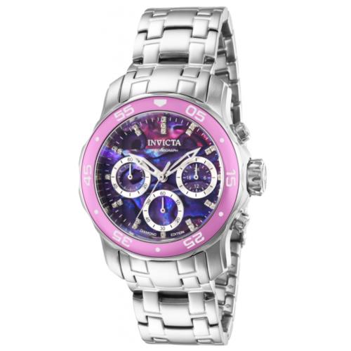 Invicta Pro Diver Scuba Diamond Edition Women`s 38mm Purple Dial Watch 39927 - Dial: Blue, Band: Silver, Bezel: Purple