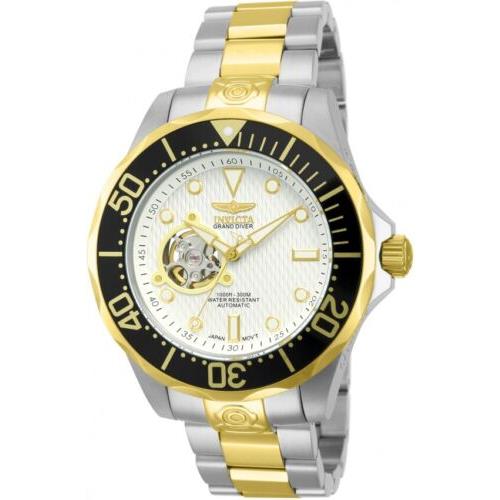 Invicta Men`s 13704 Grand Diver Automatic White Textured Dial Two Tone Watch - White Dial, Gold Band