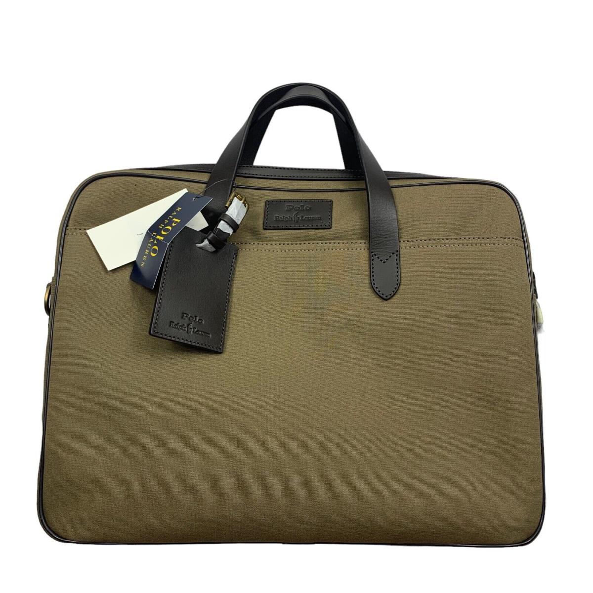 Polo Ralph Lauren Mens Leather Trim Shoulder Strap Canvas Briefcase Khaki 15x10