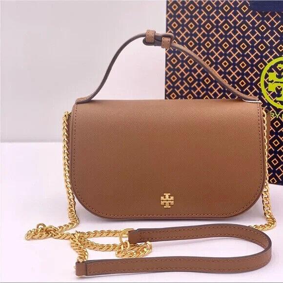 Tory Burch Emerson Top Handle Leather Crossbody Bag Logo Chain Strap Tan