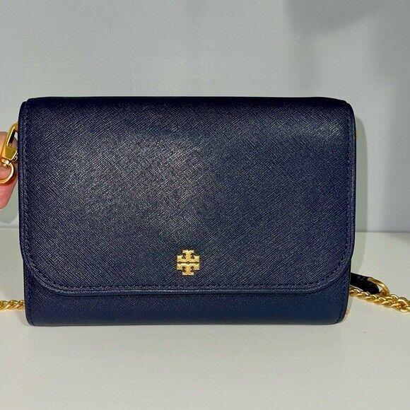 Tory Burch Emerson Saffiano Leather Crossbody Chain Wallet Handbag Navy