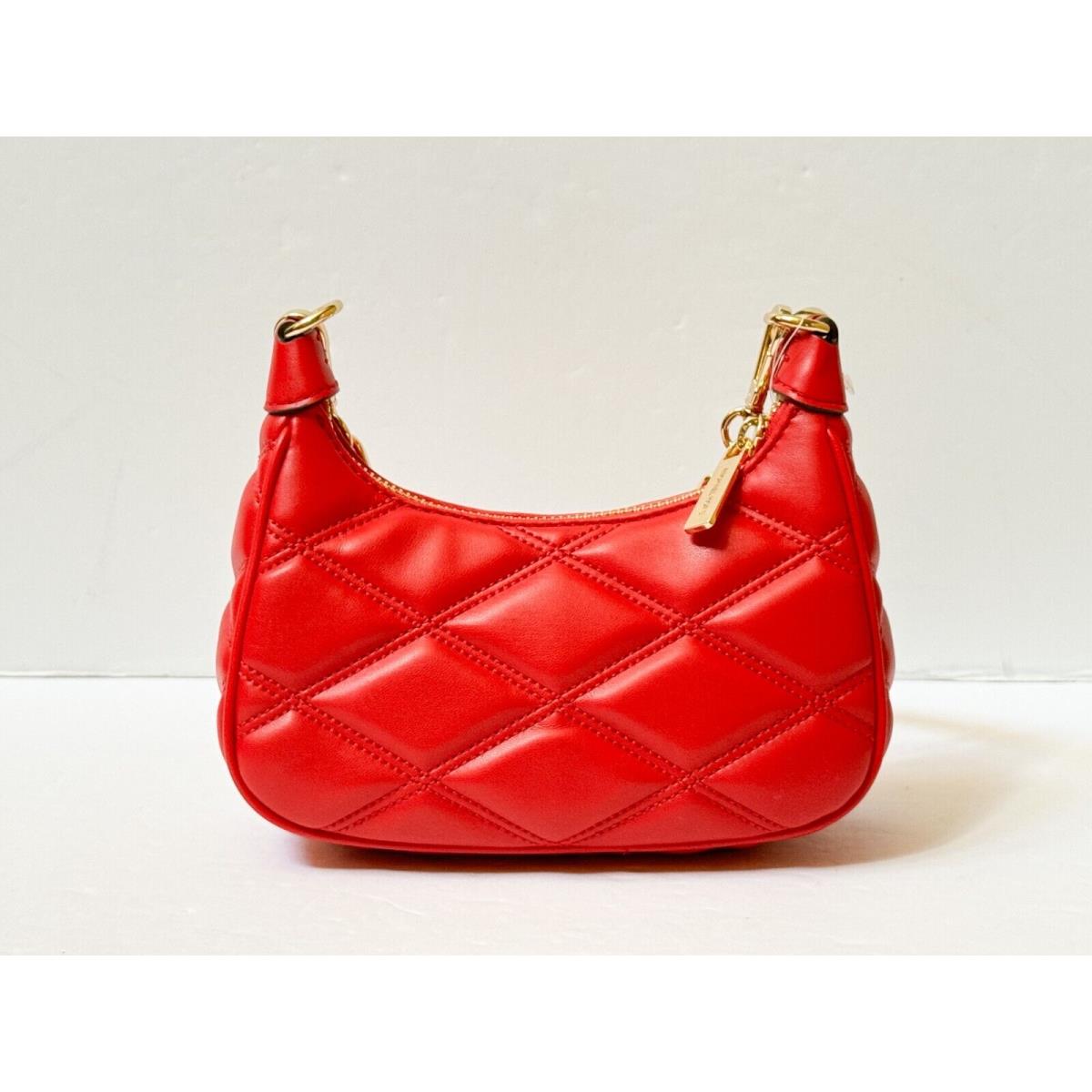 Michael Kors Cora Mini Zip Pouchette Chain Shoulder Crossbody Bag QUILTED BRIGHT RED/GOLD TONED STUDS